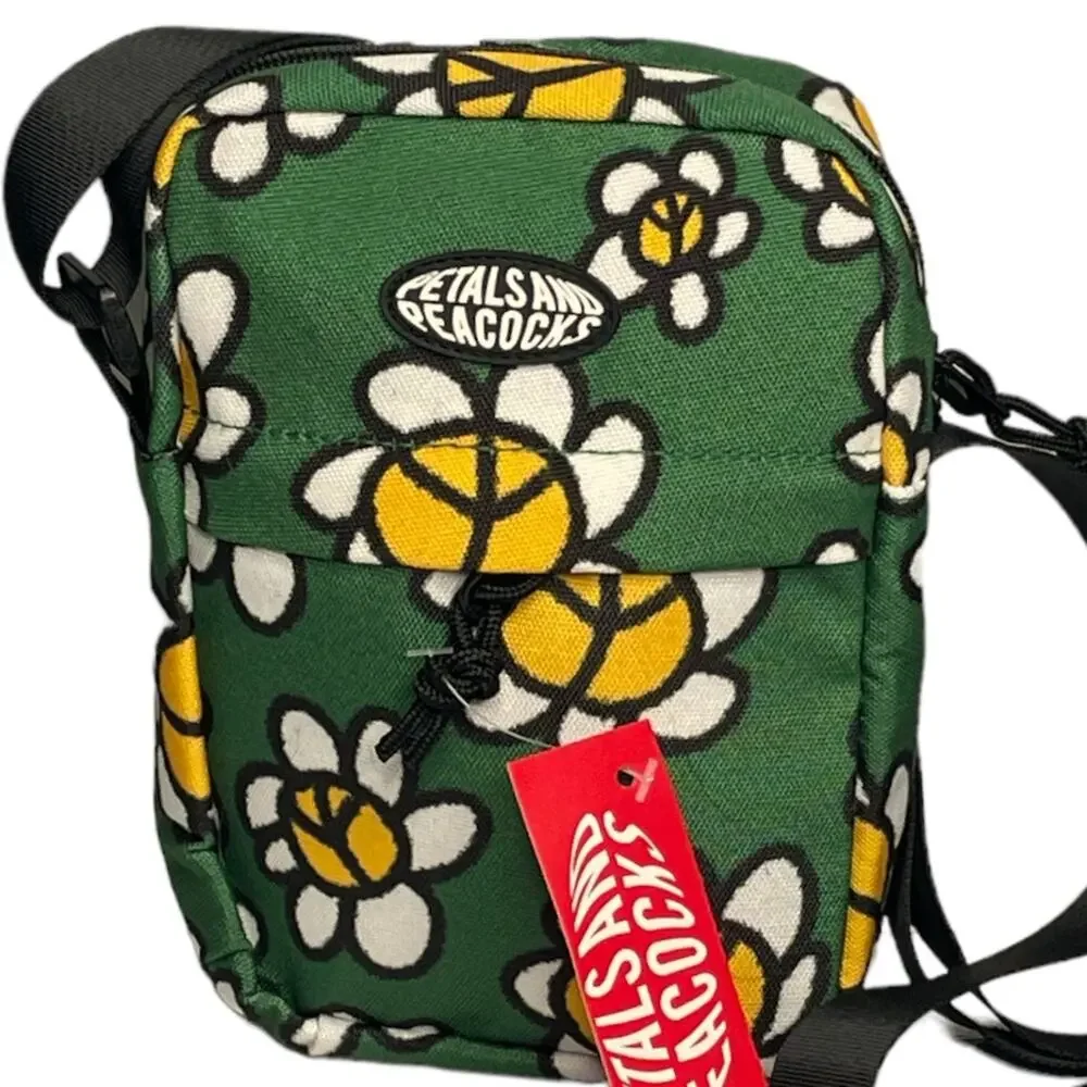 Petals and Peacocks Flowers and Peace Sign Crossbody Camera Bag Green